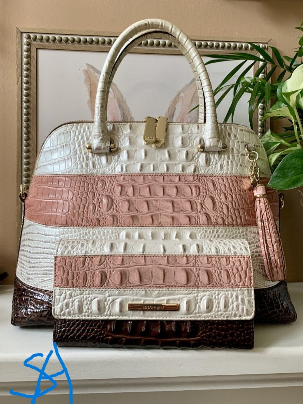 HTF BCA Brahmin Toasted Macaroon Cassini Sydney satchel with matching checkbook